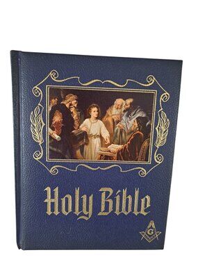 Masonic Freemason Holy Bible King James Version Blue Leather Vtg L Illustrated